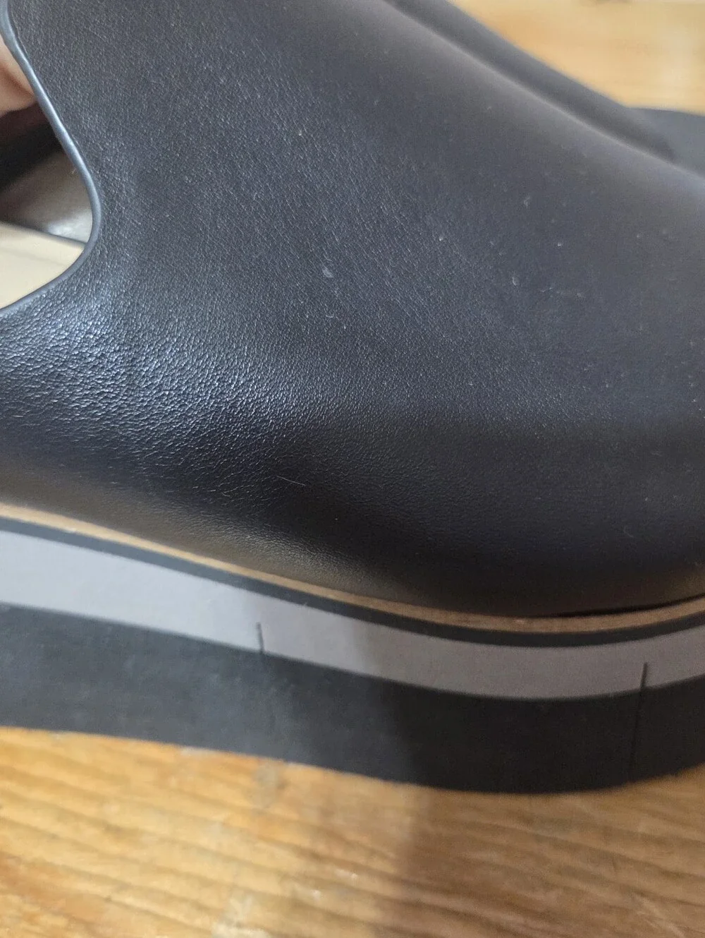 Naked Feet Shoes featuring a multi-tone gray and black stacked wedge Womens 9